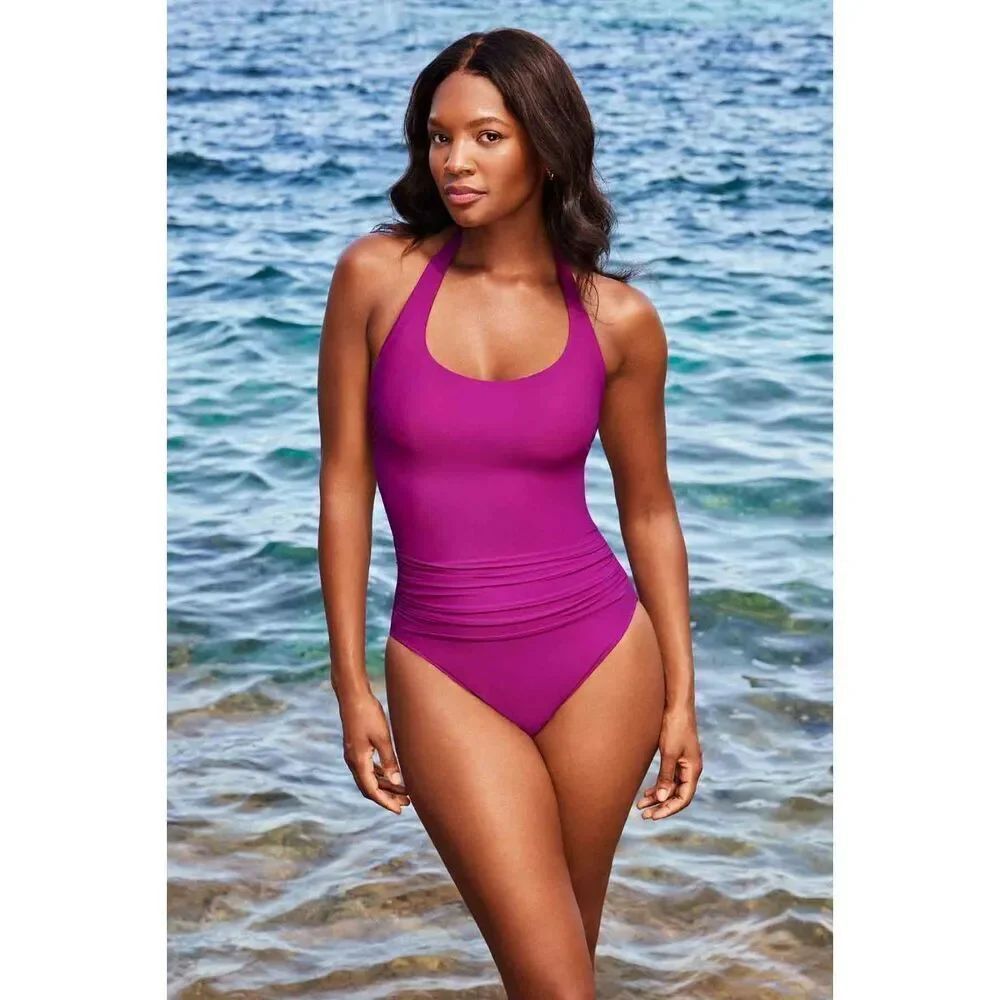Miraclesuit Rock Solid Utopia One-Piece Halter Swimsuit,Framboise Pink, 16, NEW